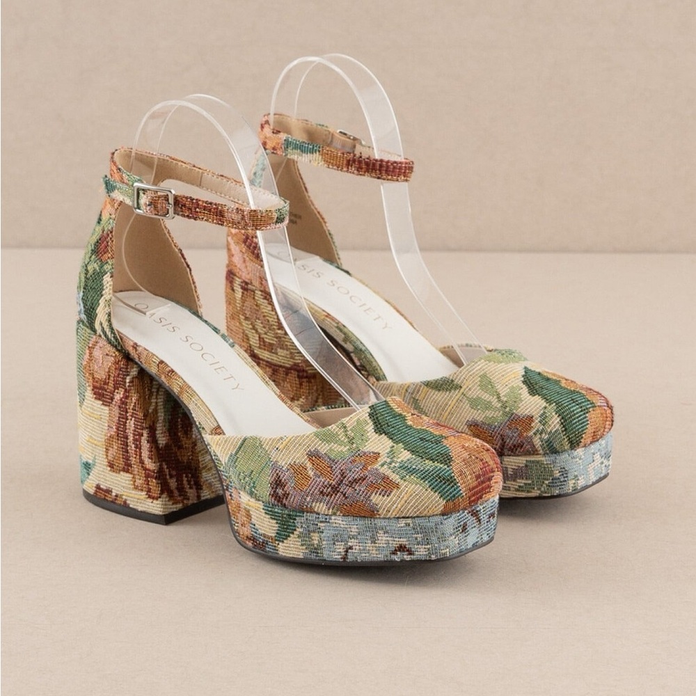 Oasis Floral Tapestry Platform Heels in Green, Tan and Blue